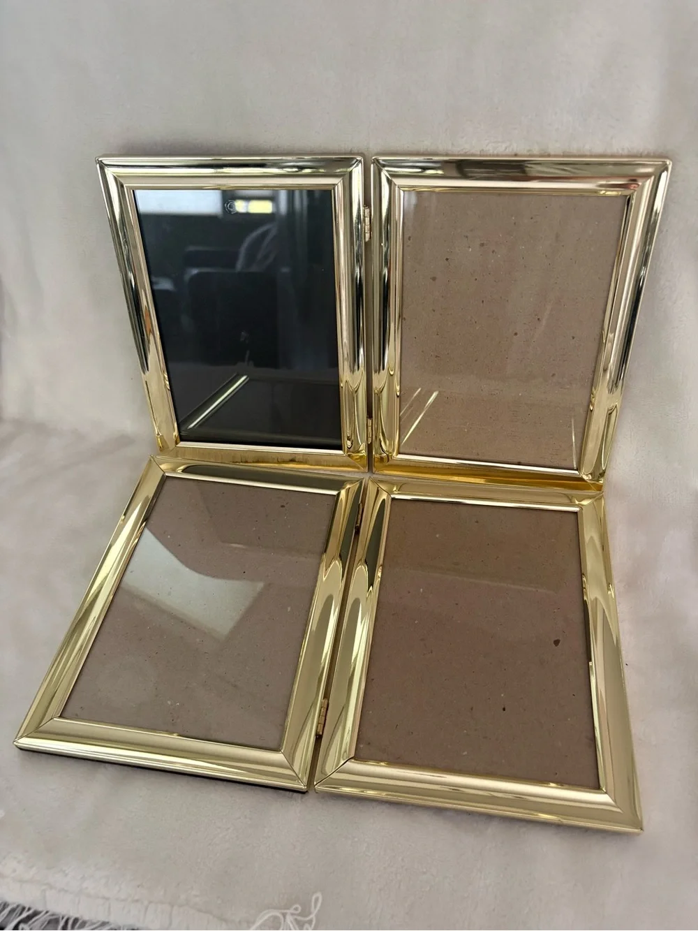 Two Vintage 5 x7 Shiny Brass Gold Tone Hinged Double Folding Photo Pic Frames